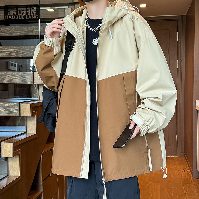 12584702.工装夹克男秋季新款宽松外套拼接高级美式潮牌连帽户外上衣