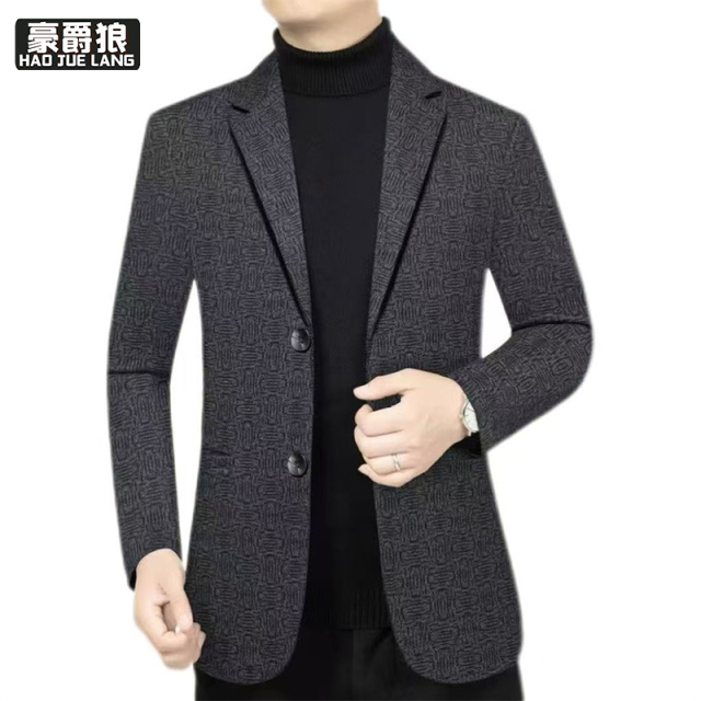 12584686.春秋款中年男西服商务休闲毛呢免烫西装上衣修身爸爸外套