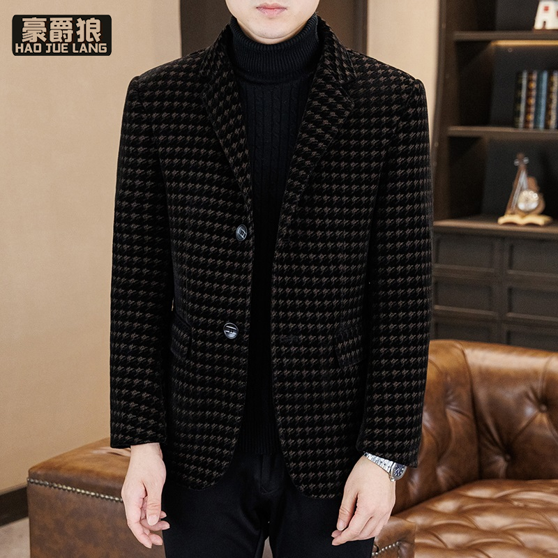 12584715.千鸟格毛呢西服外套男商务休闲高档小西服男秋季韩版修身短款西装