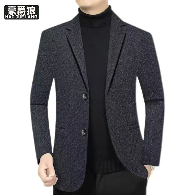 12584686.春秋款中年男西服商务休闲毛呢免烫西装上衣修身爸爸外套