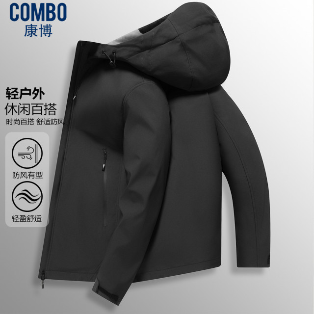12592762.时尚多色休闲户外风格秋冬连帽百搭舒适保暖软壳衣夹克男