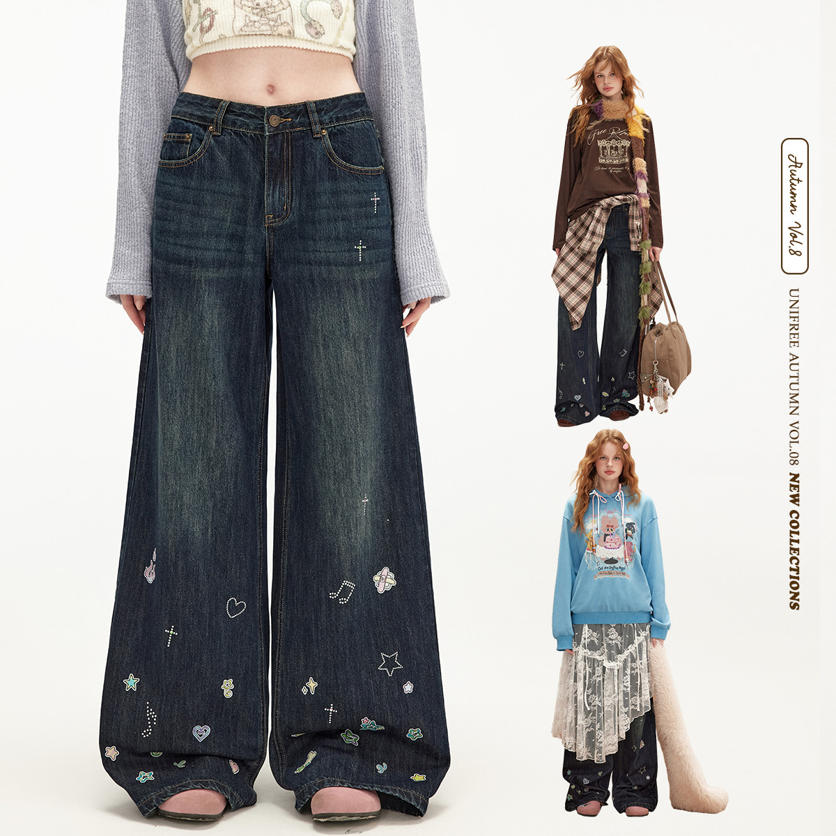 12591906.【UNIFREE X 窒息梦魇】25年秋款复古少女印花宽松阔腿牛仔裤U253P635P1P1