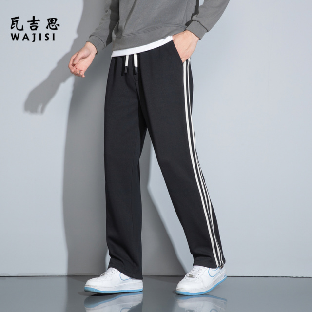 12594937.春秋新款卫裤男士经典条纹可收脚裤子潮流宽松运动松紧腰抽绳休闲裤