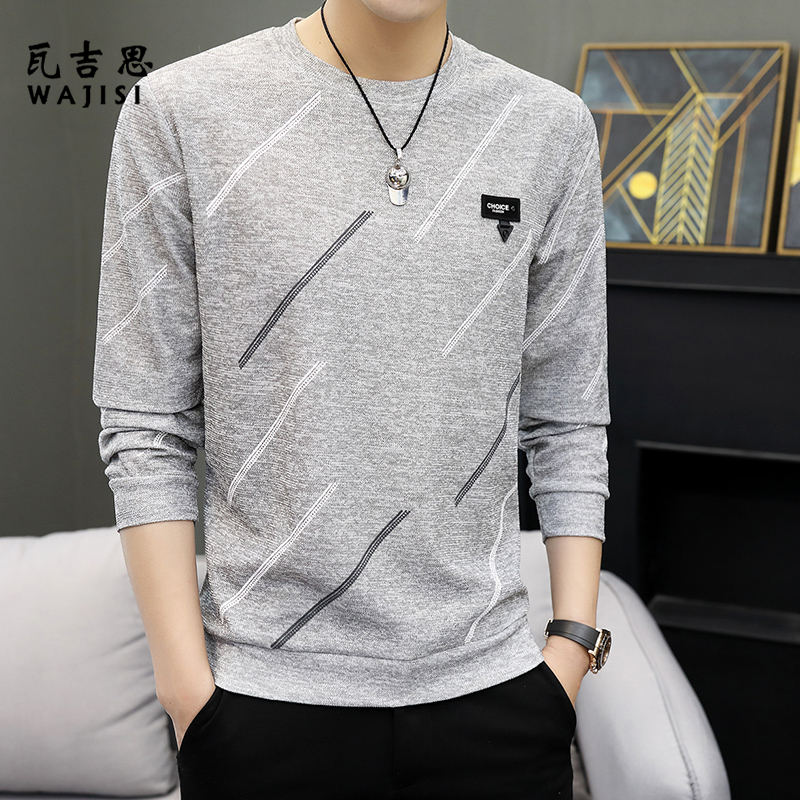 12594887.春秋新款斜纹印花圆领男士长袖卫衣休闲潮流日常帅气百搭上衣
