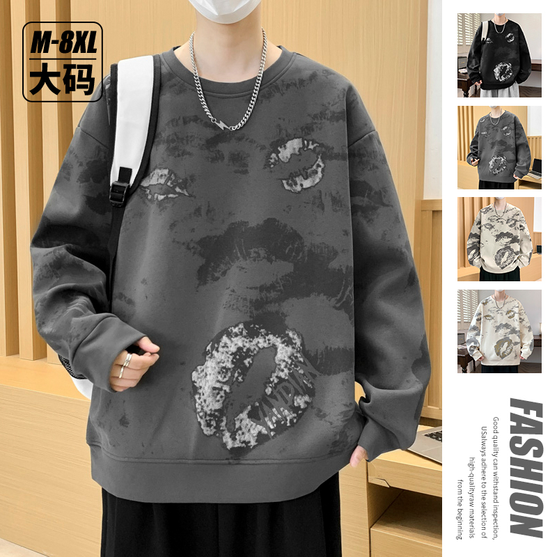 12603647.七玻威秋冬新款男款大码潮牌唇纹设计印花圆领卫衣【七玻威男装QD】
