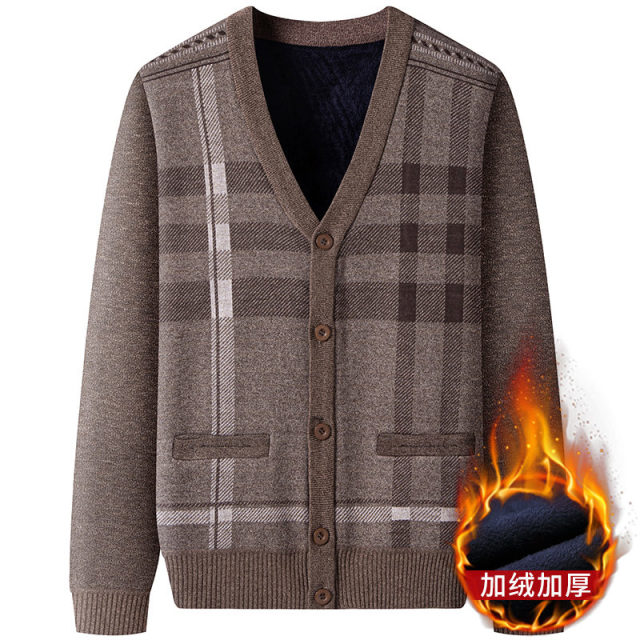 12607854.秋冬季新款男士休闲V领毛衣外套百搭加绒夹克