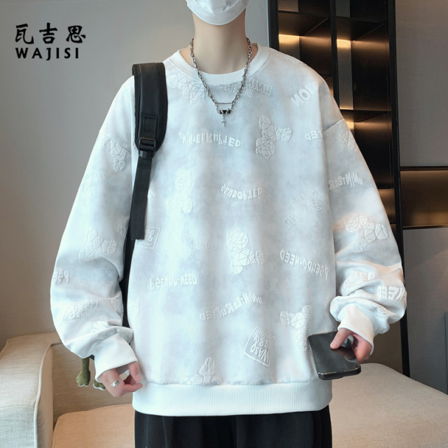12610114.春秋新款重磅潮牌圆领卫衣男士长袖时尚提花休闲宽松日常舒适百搭上衣