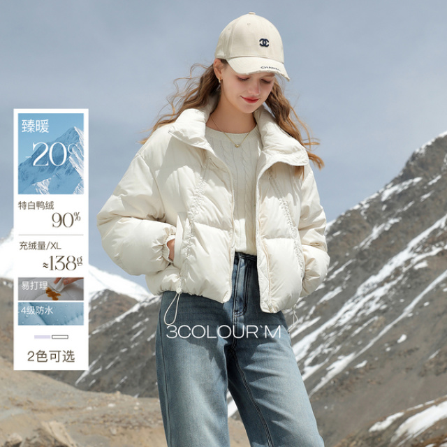 12450345.【防水易打理】三彩2025冬季新款立领羽绒服90白鸭绒面包服M