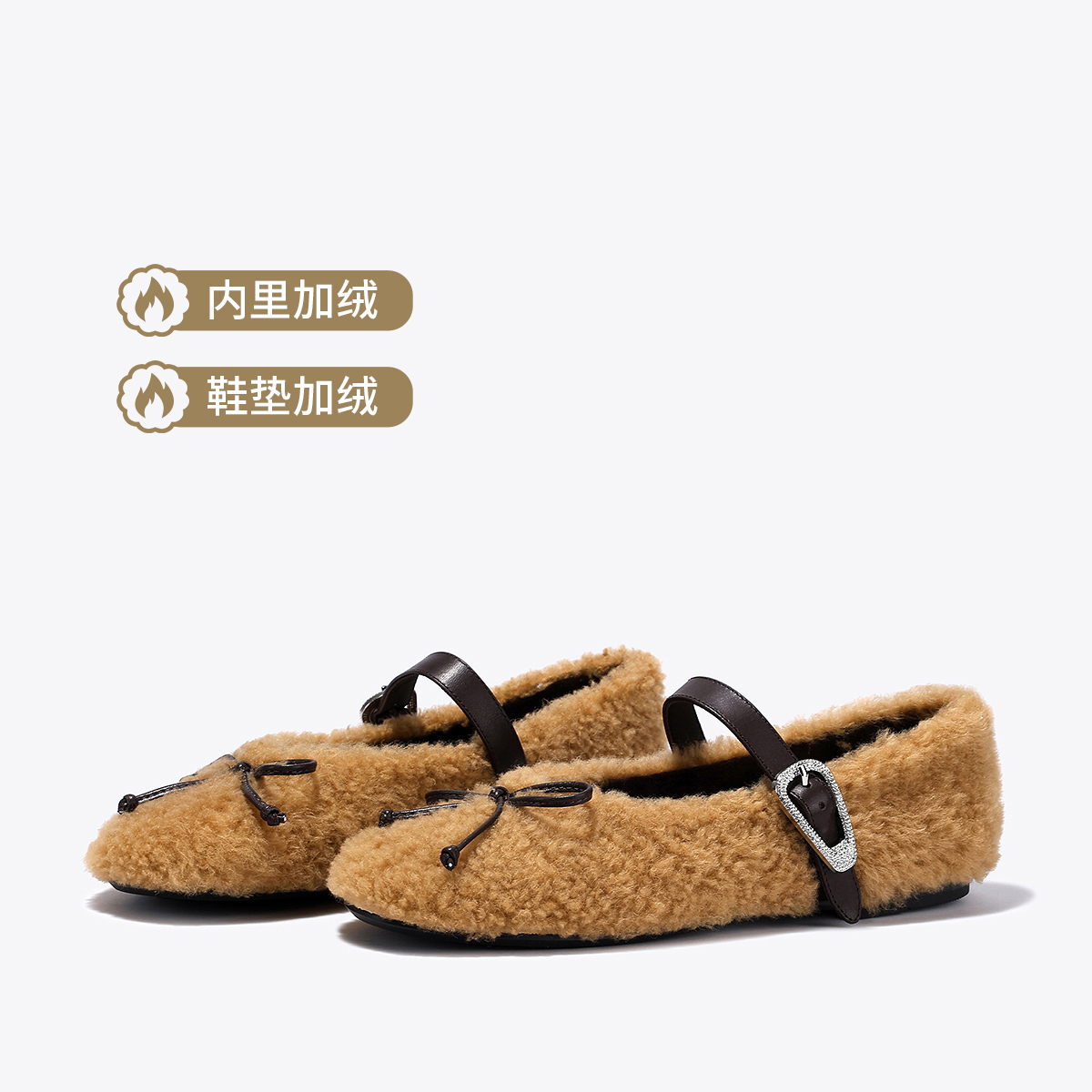 12619153.BellaLily2025冬季新款时尚羊毛单鞋女蝴蝶结平底加绒玛丽珍棉鞋