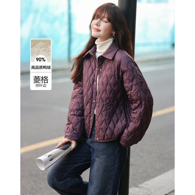 12626529.瑞品集团mt【轻暖小菱格】冬季通勤翻领90鸭绒轻薄羽绒服简约宽松女式外套