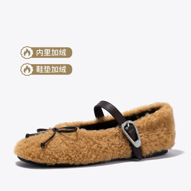 12619153.BellaLily2025冬季新款时尚羊毛单鞋女蝴蝶结平底加绒玛丽珍棉鞋