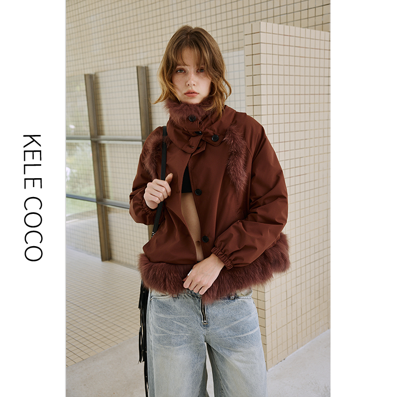 13732589.kele coco【礼盒发货】围脖式圆领90白鹅绒狐狸毛下摆三防户外羽绒皮草派克服