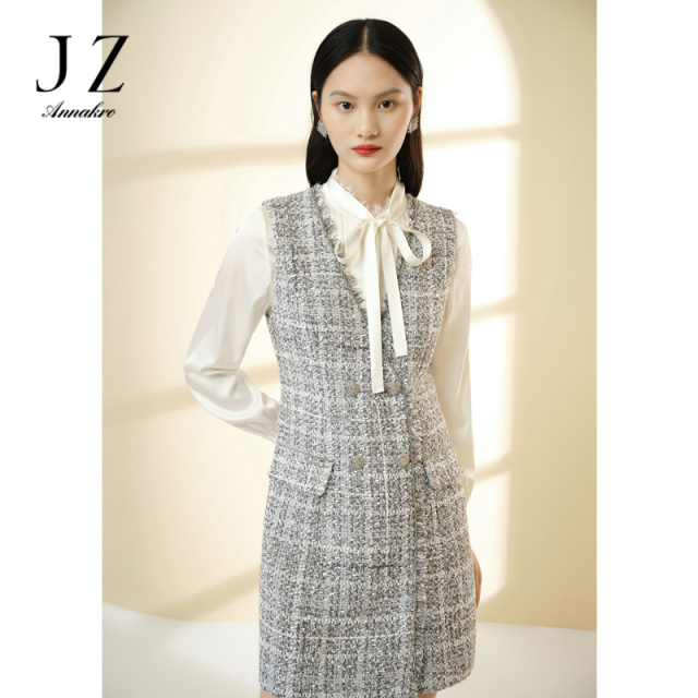 12626372.商场同款JZ玖姿轻熟通勤小香风连衣裙女春秋季新款无袖中长裙子