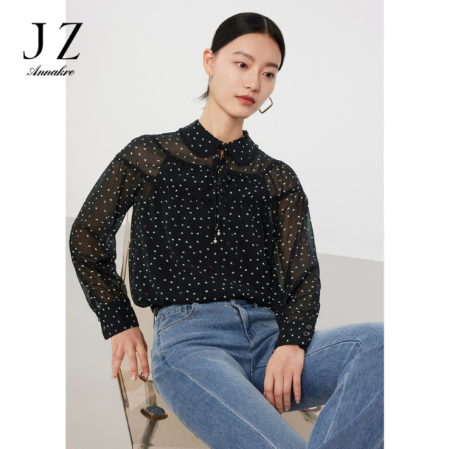 12626664.JZ玖姿碎花娃娃领蕾丝拼接雪纺衫春秋季新款女气质系带浪漫小衫