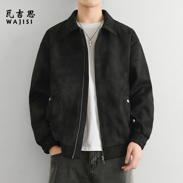 12625902.春秋新款美式外套男宽松复古休闲褂子翻领纯色潮流时尚百搭男士夹克