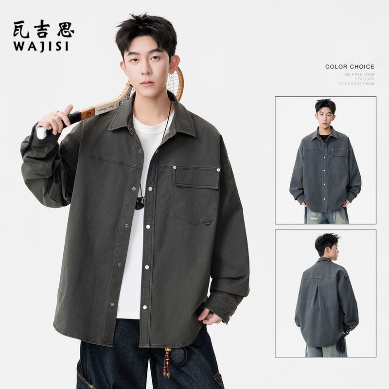 12625950.春秋新款美式复古工装衬衫男潮牌百搭宽松翻领经典时尚百搭长袖衬衣