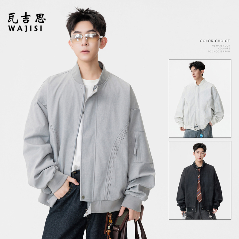 12625932.春秋新款棒球领美式运动时尚休闲潮牌外套宽松休闲时尚百搭男士夹克
