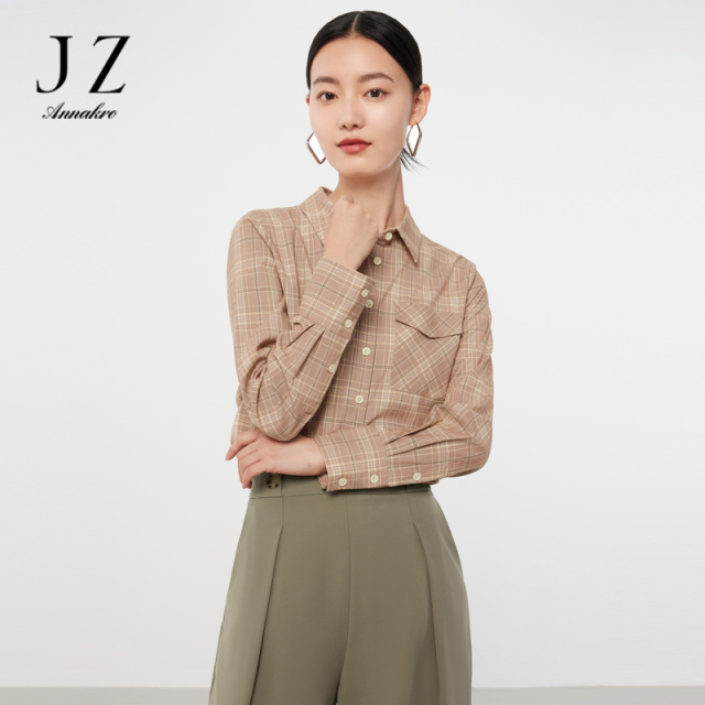 12626703.JZ玖姿英伦风衬衫女装春秋季新款休闲格纹复古上衣咖啡色