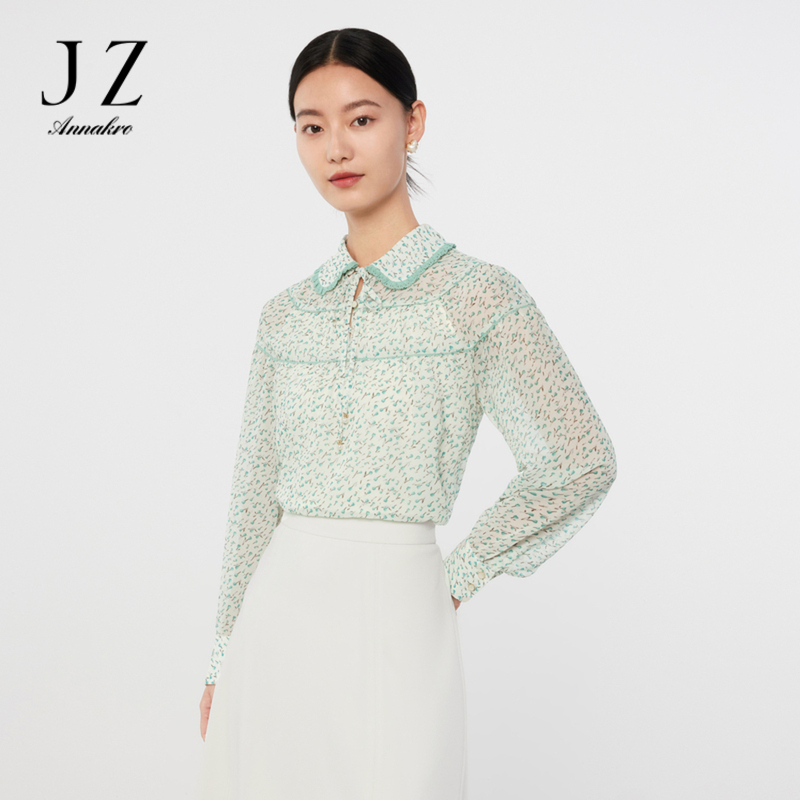 12626664.JZ玖姿碎花娃娃领蕾丝拼接雪纺衫春秋季新款女气质系带浪漫小衫