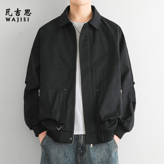12625907.春秋新款休闲工装夹克男翻领外套美式复古宽松外穿潮牌百搭开衫上衣