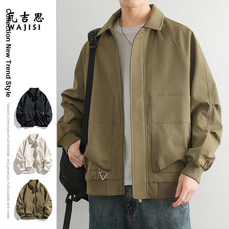 12625907.春秋新款休闲工装夹克男翻领外套美式复古宽松外穿潮牌百搭开衫上衣