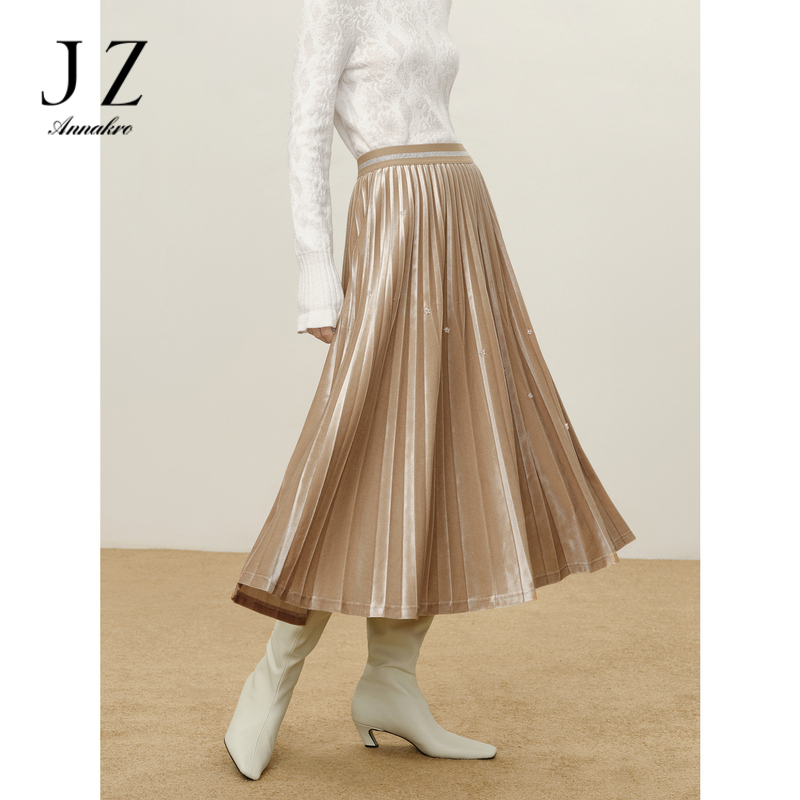 12626546.商场同款JZ玖姿丝绒压褶浪漫半身裙腰裙女冬季新款JWCD20006