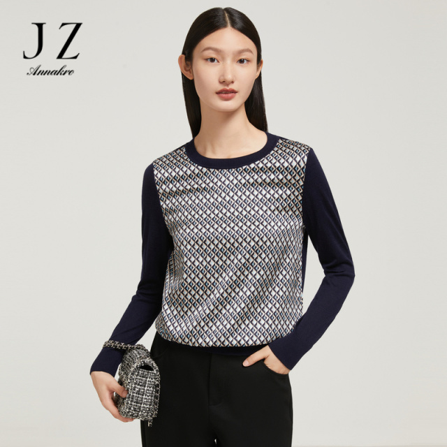 12626913.商场同款JZ玖姿假两件印花毛衫女装秋季新款羊毛衫JWCQ31023