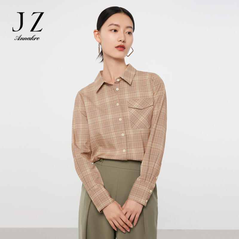12626703.JZ玖姿英伦风衬衫女装春秋季新款休闲格纹复古上衣咖啡色