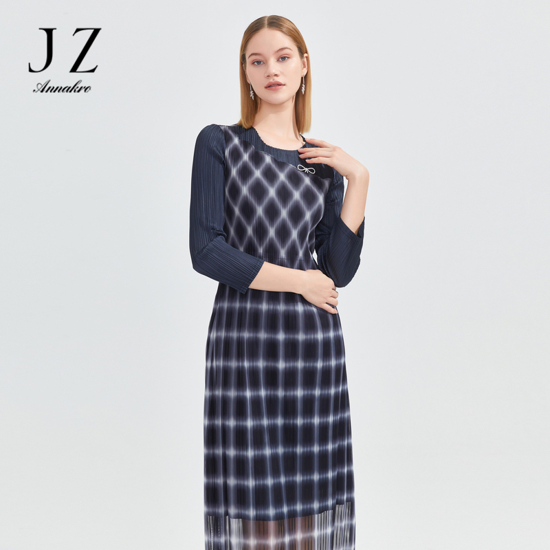 12626236.JZ玖姿商场同款网纱裙女春秋季拼接复古格纹连衣裙JWCC50007