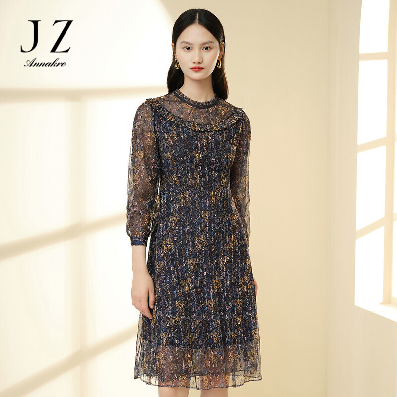 12626349.JZ玖姿商场同款复古碎花连衣裙女春秋季新款网纱长裙JWCC50036