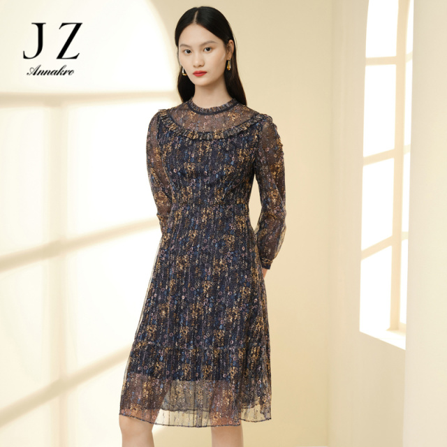 12626349.JZ玖姿商场同款复古碎花连衣裙女春秋季新款网纱长裙JWCC50036