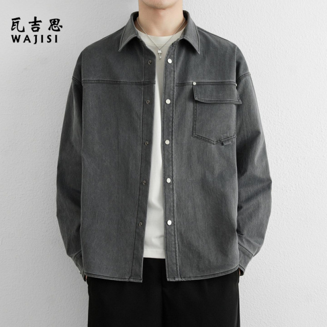 12625950.春秋新款美式复古工装衬衫男潮牌百搭宽松翻领经典时尚百搭长袖衬衣