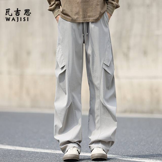 12625876.春秋新款褶皱伞兵裤子男潮牌美式高街休闲裤男士宽松直筒阔腿裤子