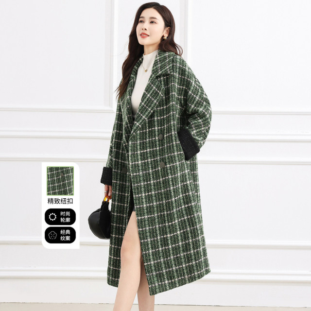 12655523.【专柜新品】【大衣】秋冬气质格纹中长款撞色百搭外套