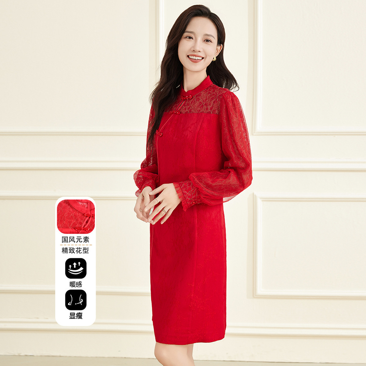 12664882.【专柜同款】【连衣裙】冬季时尚气质百搭盘扣设计立领裙子女