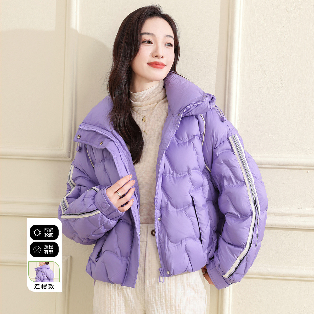 12655512.冬季新款百搭连帽短款加绒加厚女式外套