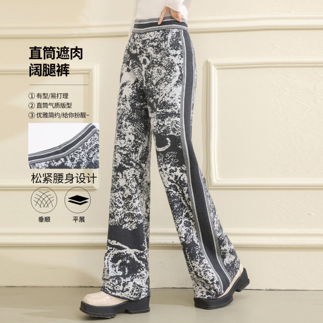 12669867.【专柜同款】【针织印花阔腿裤】冬季松紧高腰时尚百搭休闲裤女