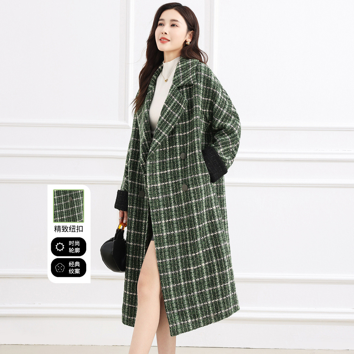 12655523.【专柜新品】【大衣】秋冬气质格纹中长款撞色百搭外套