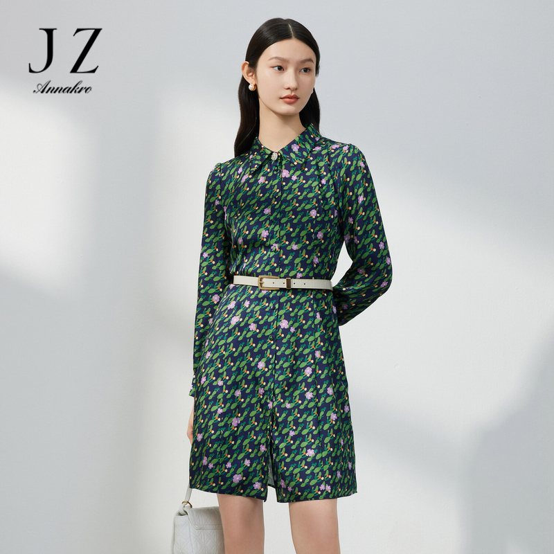 12647785.JZ玖姿依米花小众印花连衣裙女装春秋季新款显瘦泡泡袖优雅裙子