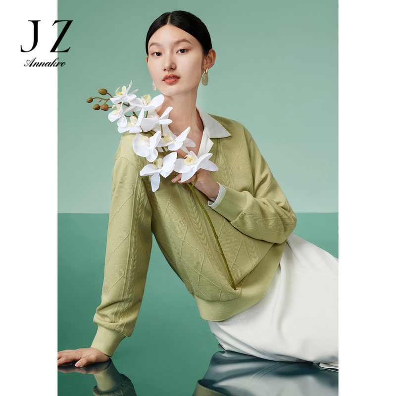 12648181.JZ玖姿设计感提花套头针织衫女装春秋季新款休闲卫衣绿色