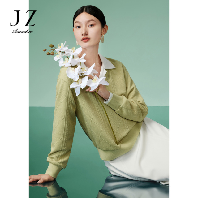 12648181.JZ玖姿设计感提花套头针织衫女装春秋季新款休闲卫衣绿色