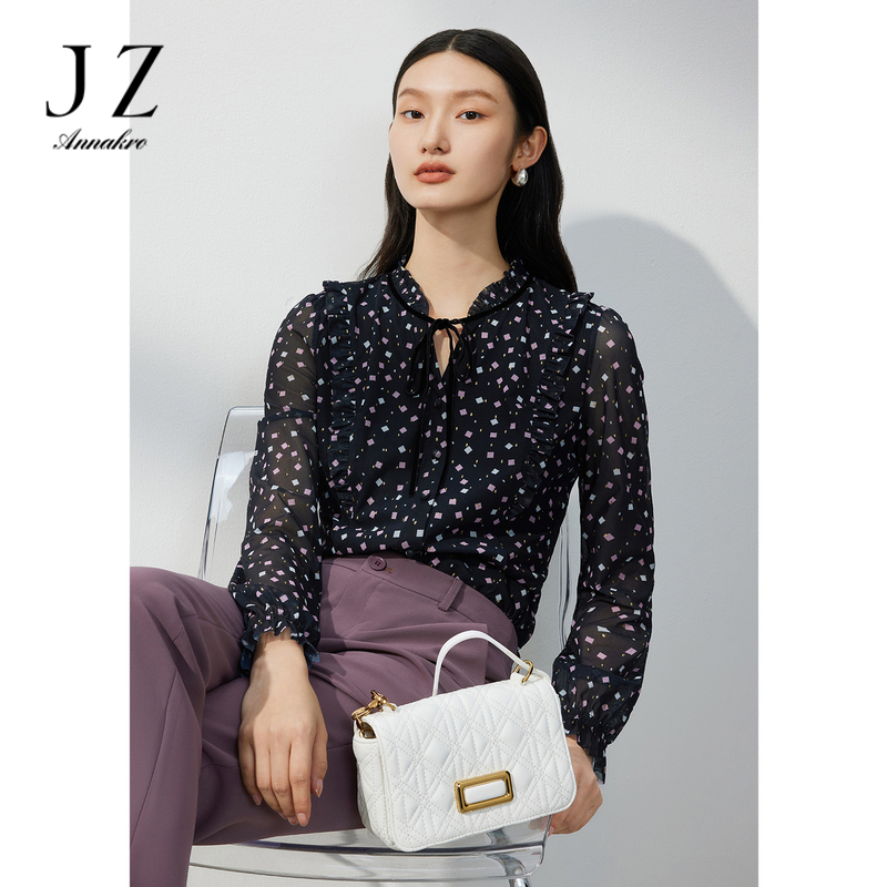 12647840.JZ玖姿浪漫女人味单上衣女装春秋季新款几何印花网纱小衫