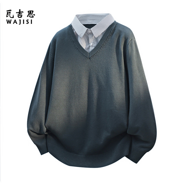 12647173.春秋新款翻领假两件针织衫男宽松帅气高级感时尚潮流百搭男士上衣