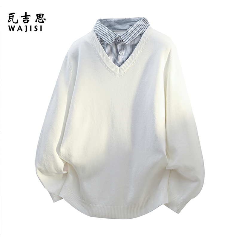 12647173.春秋新款翻领假两件针织衫男宽松帅气高级感时尚潮流百搭男士上衣