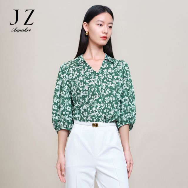 12647831.商场同款JZ玖姿V领印花衬衫女装春秋季新款仿真丝上衣JWDC60201