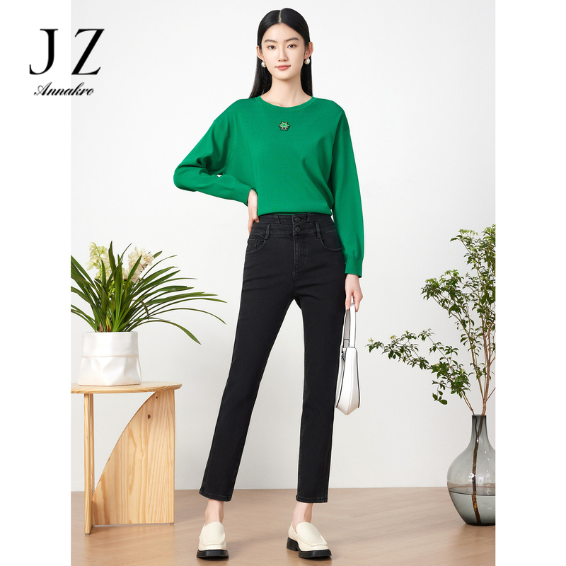 12648206.商场同款JZ玖姿女装春秋季新款刺绣小黑裤JWDC12151