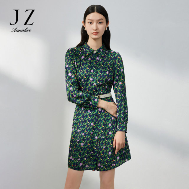 12647785.JZ玖姿依米花小众印花连衣裙女装春秋季新款显瘦泡泡袖优雅裙子