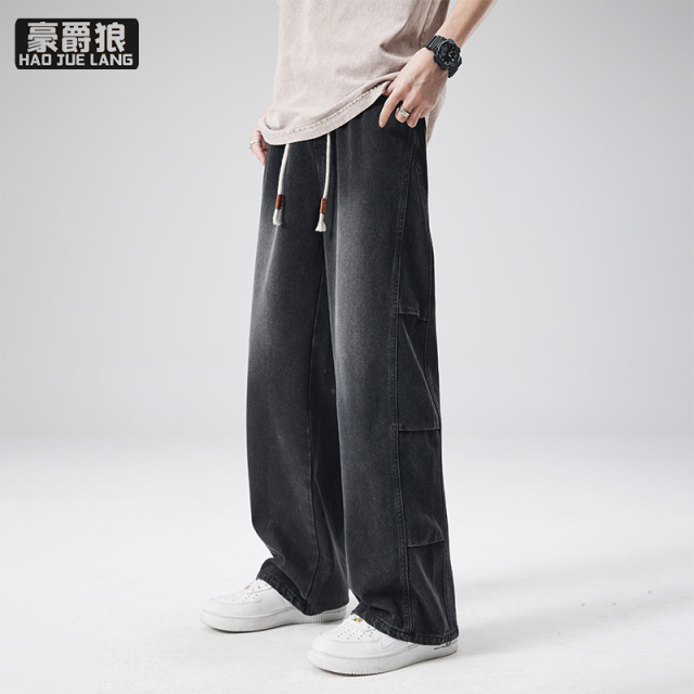 12653698.美式复古直筒松紧腰牛仔裤男春秋季街头宽松潮流抽绳阔腿长裤