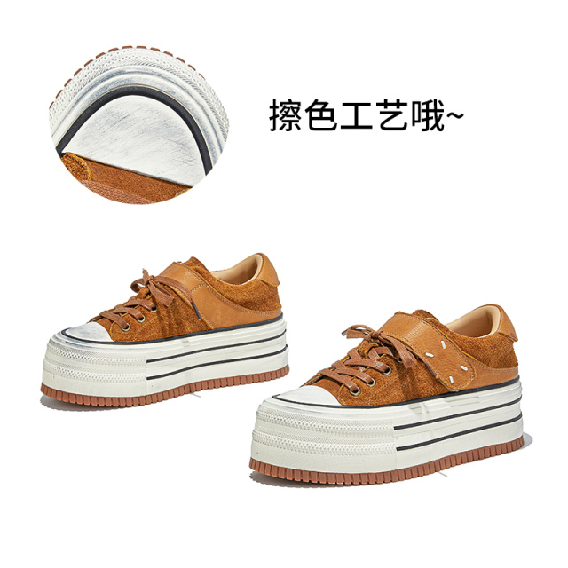 12653390.墨斯本头层牛皮小白鞋新款厚底松糕鞋复古时尚轻便舒适百搭擦色休闲板鞋女款12218