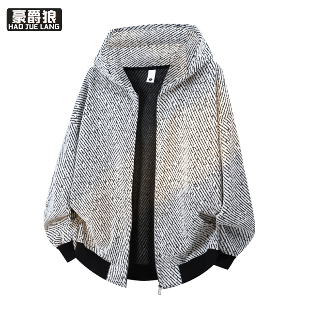 12653621.大码针织条纹小香风连帽外套男秋季夹克高级美式复古开衫卫衣潮牌